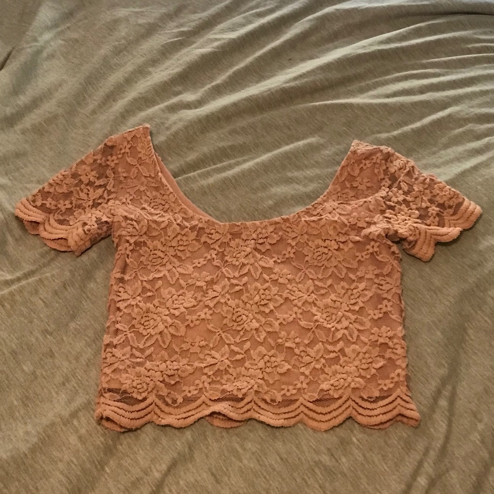 Pink Floral Laced Crop Top with Scalloped Edging